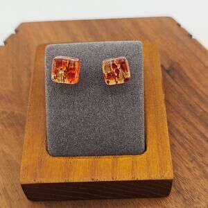 Square Gem Stone Style Post Stud Earrings Amber Orange Gold Swirl Earthy Boho